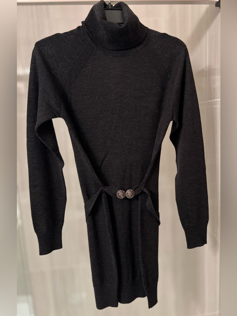 LIU JO 100% Wool Charcoal Grey Turtleneck Belted Knit Sweater Dress